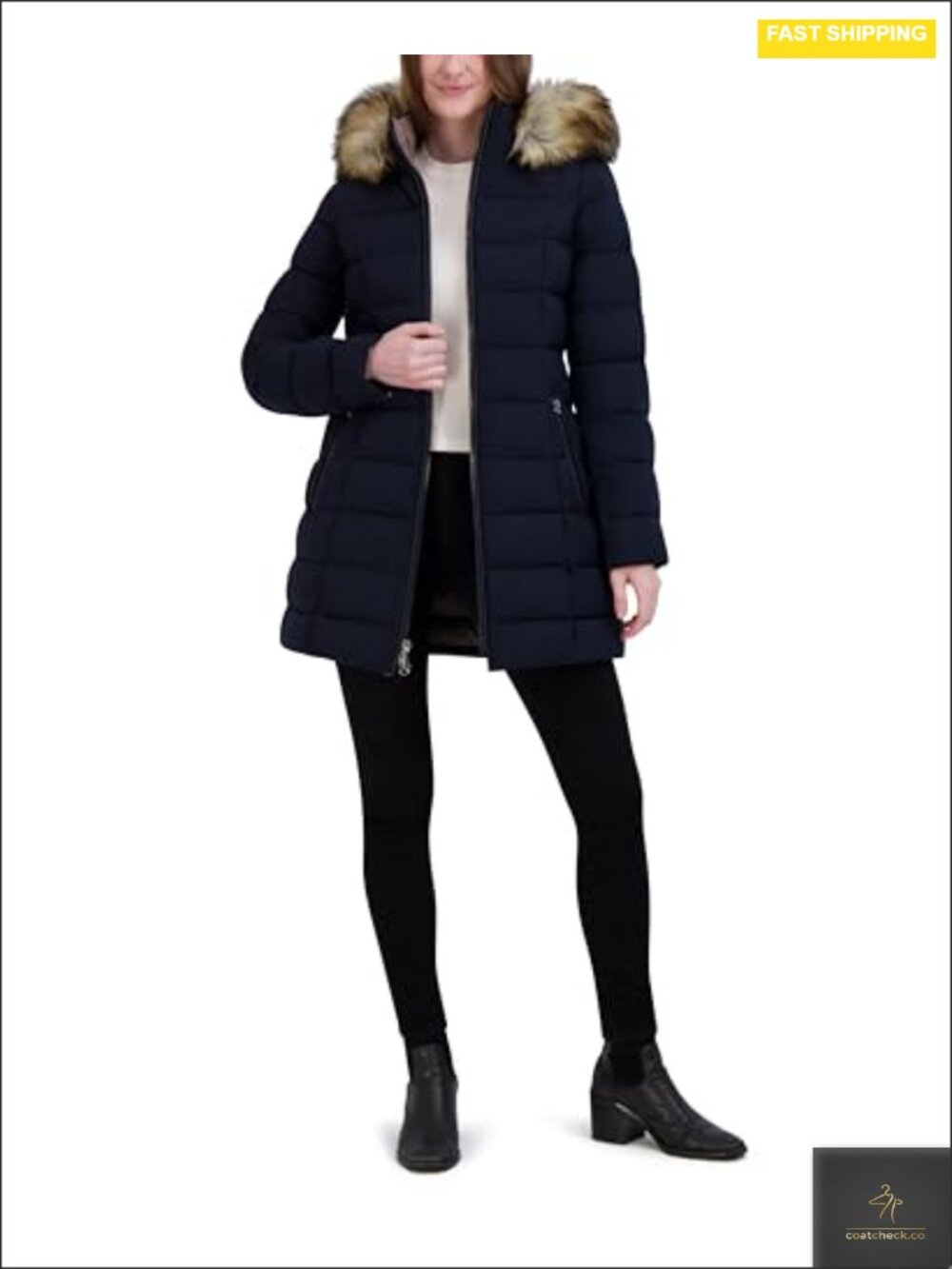 Women's Stretch Quilted Puffer Jacket with Detachable Faux Fur Hood